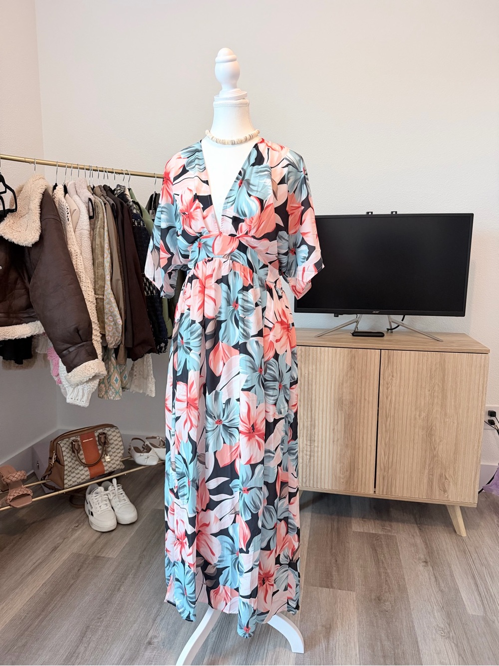 Floral V-Neck Maxi Dress in Coral & Teal
